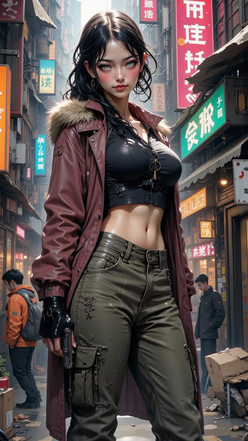 Cinematic lighting,super detailed skin、Beautiful detailed eyes、Best Quality,cyberpunked,(Alternative、dim colors, Soothing tones、Perfect Anatomy:1.3),(1beautiful woman、Detailed beautiful facial features:1.3)(black hair shorthair、eye glass:1.5)well-shaped breasts、BREAK.White Shirt Tops、Black Satin Suit Slacks、(purple fur down jacket)BREAK.A dark-haired、big frame glasses、hands in the pocket、arms in arms、Near city station、natta。jpn, Colossal tits