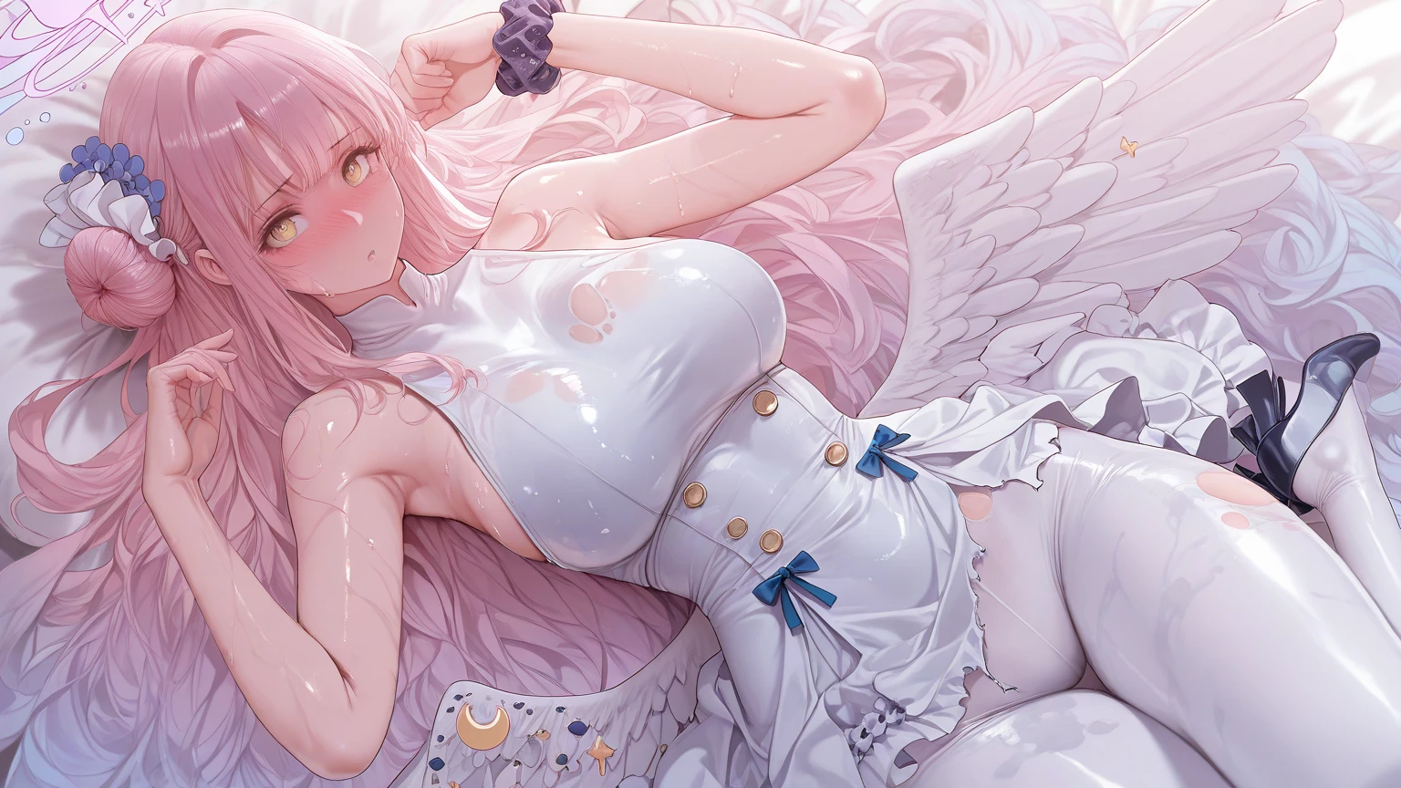 ((best quality)), ((masterpiece)), (detailed), mommy, big breast, demon, pink,white wing head, white wing back, Horn Head