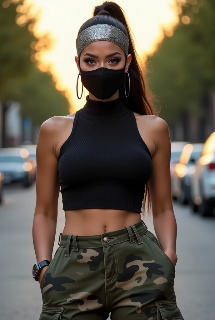 Female Gang Member Wearing a Black Turtleneck Sleeveless Polo Shirt and Light Blue Jeans and Mask Please