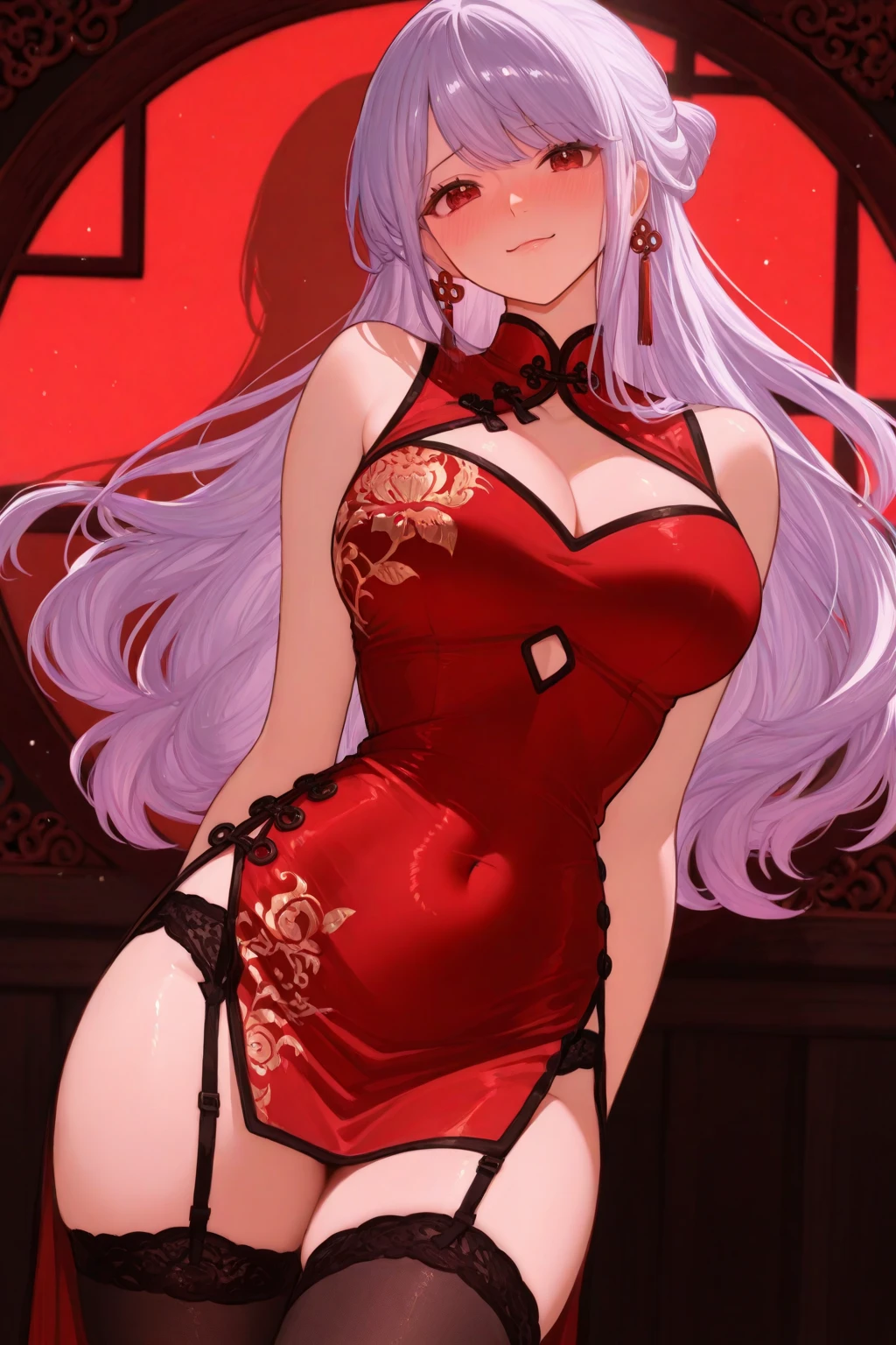 score_8_superior,sauce_anime, One person, Medusa, Very large breasts, Are standing,The whole body is visible, A gorgeous black open-necked Chinese dress,　Sexy pose,Background white,Glasses

