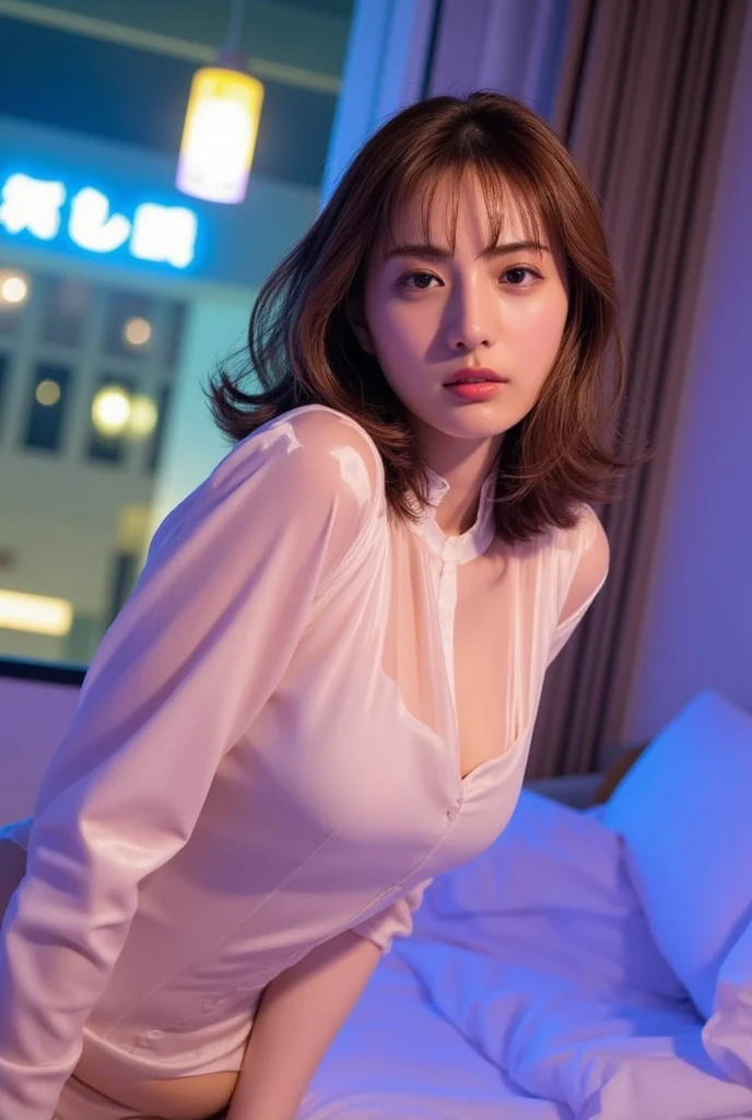 ((Wide-angle photography, Obscene photos, Clear photos, Take a full body photo:1.5)),
(Trending Fashion, White collared shirt, Long Flared Skirt, Wearing black stockings:1.8),
(No bra, The shape of the nipples is visible,Beautiful thighs,Ultra-detailed skin,Small pores in the skin:1.4),

((Her body is incredibly beautiful and stylish :1.4)),

((32 years old, Beautiful young wife:1.8)),
((Naughty lips, Sexy body, Body facing forward:1.4)),
((Small breasts, Flat Chest, chest is slightly drooping:1.2)),
((Large bedroom, Spotlight:1.4)),

Eye focus, Narrow shoulders, Beautiful clavicle, Thin arms, Thin legs, The back of the hand is beautiful and feminine, Slim figure, Soft belly, Tight waist, Highly detailed face, super detailed breasts, Ultra-detailed skin, Fair skin, Shiny skin, 
Ultra-detailed lips, Fuller lips, Thick and soft lips, Glossy pink lips,
Blushing, White teeth, blue eyes,
Beautiful actress makeup, Compensate, Pink lipstick,
Dark brown hair, Delicate and soft hair, (Put your hair up, Fluffy short bob, ponytail:1.2), (Sweep your bangs to the side:1.2),
(Stylish earrings,necklace:1.2),
