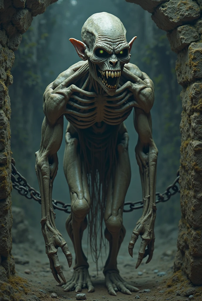 Scary realistic,  raw full body photo, high resolution, rating_explicit, Hypersexualized raw photo full body, very skinny (Monstrous bigdicked skinny male nude demon, hideous, massive dangling uncircumcised humanoid penis, dripping seminiferial fluids in a trail behind it, almost black grey skin, pulled so tight over the decomposing demonic bones [sharp and protruding from the joints of the demons wirey nude male flesh), one arm appears to be limp and smaller than the other twisted inward, the legs are like a canines with the ability to lunge forward at a moment's notice to pin its sexual prey, it has a deep underbite with thick chipped rotting tusks (Flys crawl on one of the tusks), there appear to be no eyes just fatty deposits like the eyes of skinless beasts that live in caves; it wonders the halls of an educational facility littered with paper supplies all over the hall, several doors have gorey hand prints in groups on the outside of the doors, in the distant background fire can be seen leaping from the open double doors of a science lab