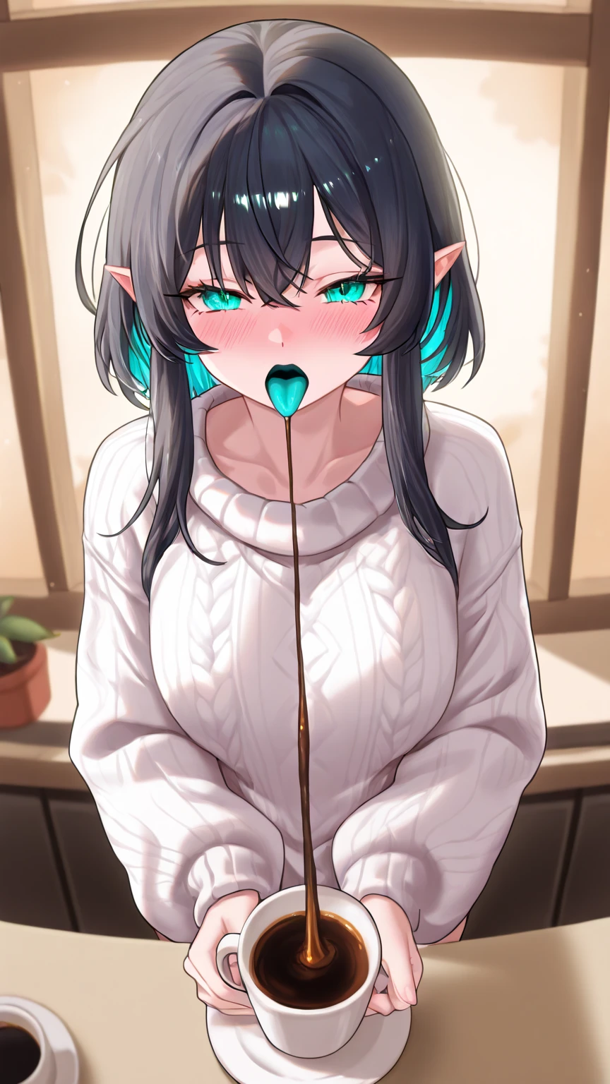 1girl, nsfw,KURO, POINTY EARS, YELLOW EYES, BLACK hair,, large breasts, , empty eyes, large breasts, nipple, Cafeteria, frozen, (Sweating profusely, Love juice, Wet Woman, female ejaculation), crying, Naked, (1girl) Peeing, lactation, projectile lactation
