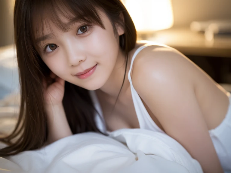 there is a woman sitting on a bed with a pink pillow, Yoshitomo Nara, shikamimi, sakimichan, chiho, korean girl, realistic young gravure idol, young pretty gravure idol, good young girl, photo of slim girl, sakimi chan, gorgeous young korean woman, jaeyeon nam