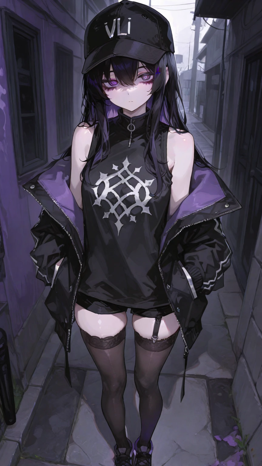 Anime emo girl with purple long hair, average wearing a black cropped and fishnets on a party