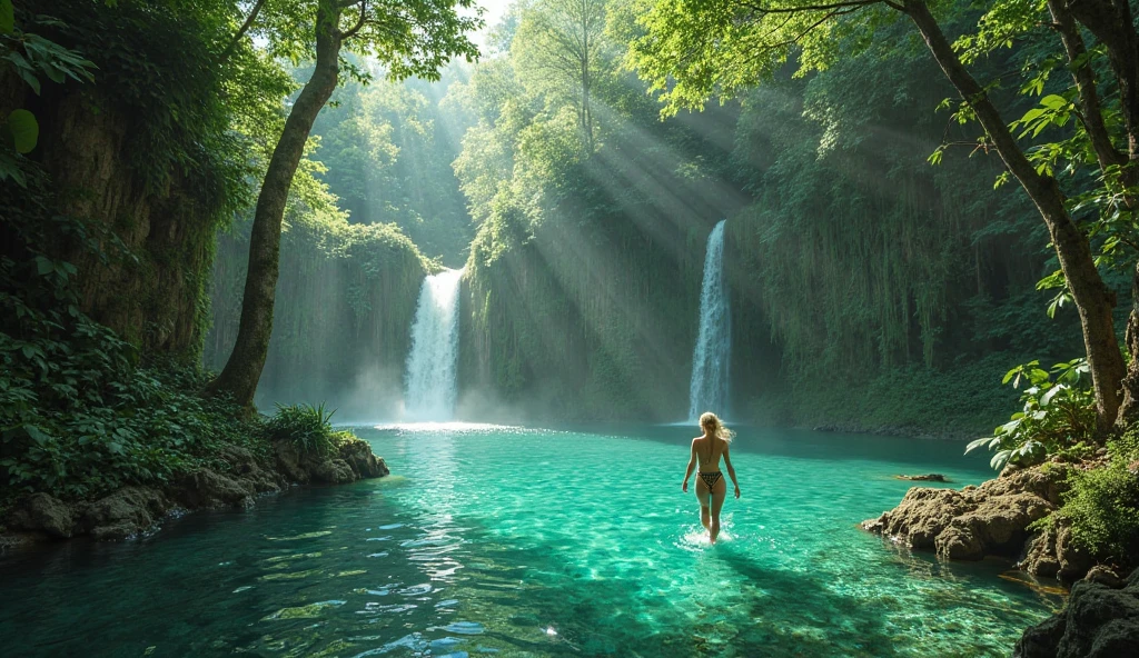 there is a woman in a bikini standing in front of a waterfall, Bathing in the waterfall, standing in a waterfall, in a waterfall stehen, play in waterfalls, under a waterfall, in a cave with waterfall, Under waterfall, standing in front of a waterfall, in a waterfall, with a waterfall, with waterfalls, next to a waterfall, Loneliness under a waterfall