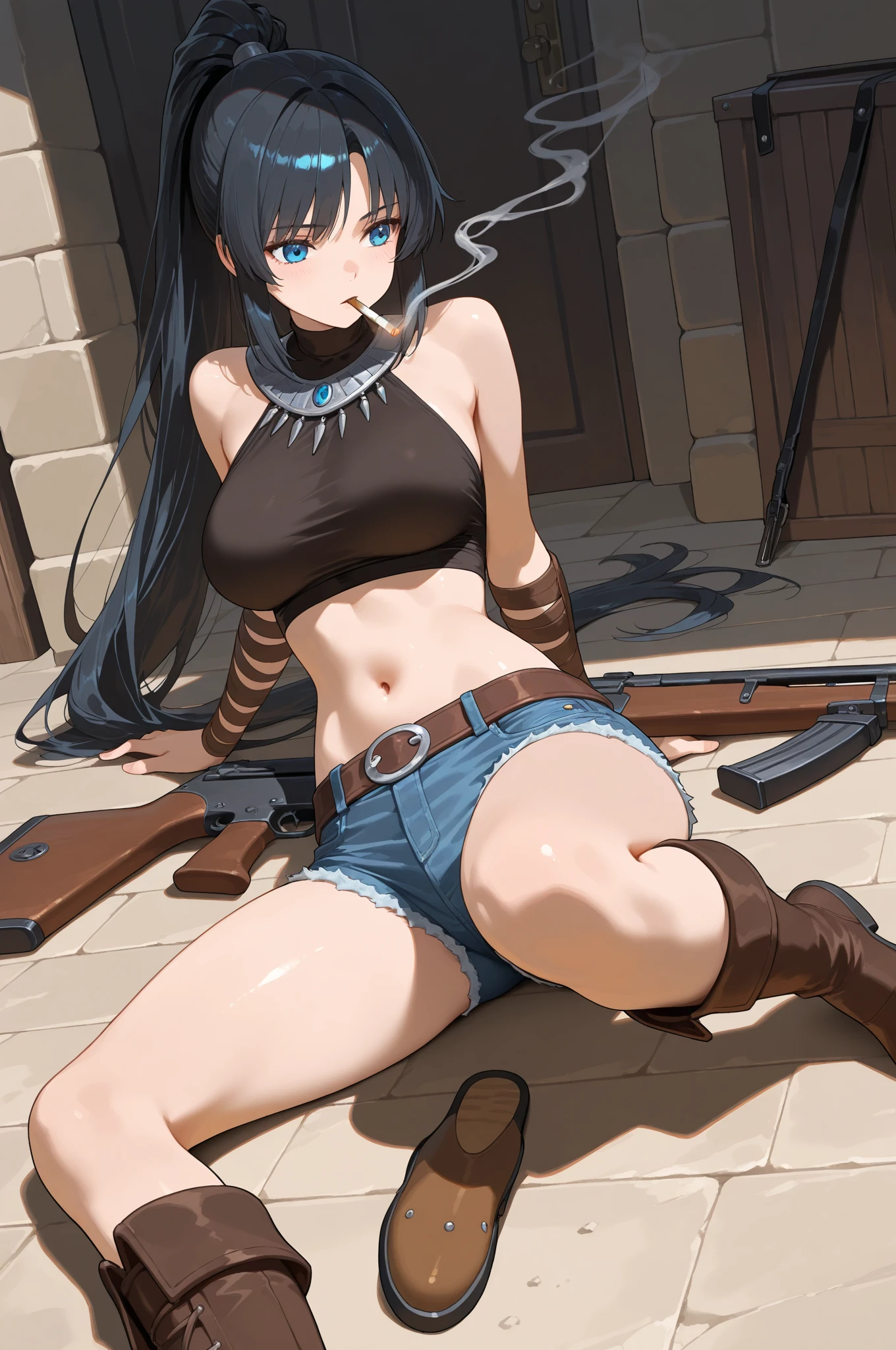 masterpiece, detailed, best quality, beautiful girl, school swimsuit, shackles, stocks, troubled face, dark dungeon, (prison), legend of queen opala, 1girl, osira (character), black hair, darkskinned female, yellow eyes, blunt bangs, big breasts, amused expression, looking at viewer