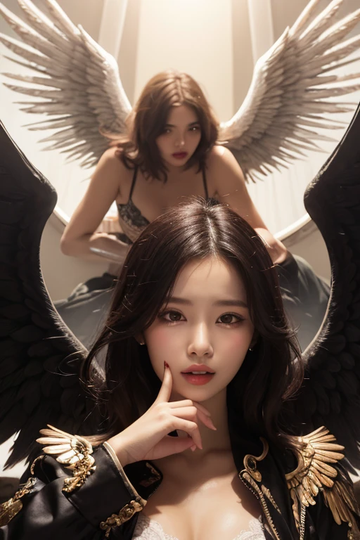 Portrait, Close-up photo, gorgeous composition, Two women in white and black outfits standing side by side, They have beautiful faces, beautiful face, Beautiful Gemini, both good and evil, Eros and Thanatos, 2 angel, angel, angelกับปีศาจ, Darius Zawadzki and Tom Bagshaw, Tom Bagshaw art style, The villain has black angel wings., angel and demons, fallen angel, beautiful gemini twins, big breasts, Full breasts, Attractive physique, Alluring beauty, Tight-fitting outfit, นางฟ้าbig breastsโต, Plump breasts, Full breasts, Two angels who are both divine and demonic, The angel has a total of 12 wings, each different to represent the blend of good and evil, Left wing, 6 wings, divine wings, large, beautiful bird-like wings, full of light, composed of white, Right wing, 6 wings, demonic wings, sharp, dark bat-like wings, composed of black, The two angels stand on a divided ground, one side a lush green meadow with blooming flowers, the other side dry and cracked, with small flames erupting, The angel's face is beautiful and strong , Her mouth is bright red, One eye is bright blue, signifying kindness and hope, while the other is deep red, signifying mystery and danger, Her hair is jet black, very long, reaching two meters in length, She wears an outfit that is a blend of divine armor and demonic robes, Leather outfit, emphasizing curves, tight-fitting outfit, The wings are both white and black., They have clearly separated wings, white wings, Black wings, This image aims to depict the balance between good and evil, light and dark, that coexist within these two angels, Amazing harmony, Both expressing love, Looking at each other