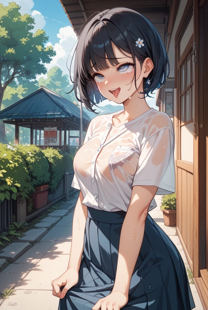1 girl, solo, White Polo Shirt,  White mini skirt, masterpiece, best quality, Super detailed, (Sweating:1.4), absurd, looking at the audience, short black hair, brown eyes,(Thick thighs:1.0),Sky,Tree,Awa Onsen,bath,bikini,rain,white，Charming smile，Underboob exposed，Flower headdress，Waving，love letter，Blushed，Squat down，Fold your hands on your knees，Lower chest exposed
