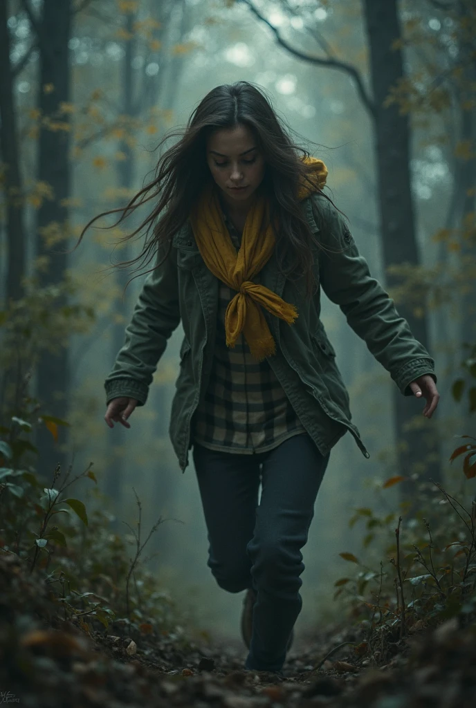 Twenty year old woman, wavy brown hair tied in a low ponytail, blue eyes, calm and serene look, freckles on cheeks and long eyelashes, wear a green sweater and jeans, black boots. They see her attractive and mature. He is walking in a dark and spooky forest at night.