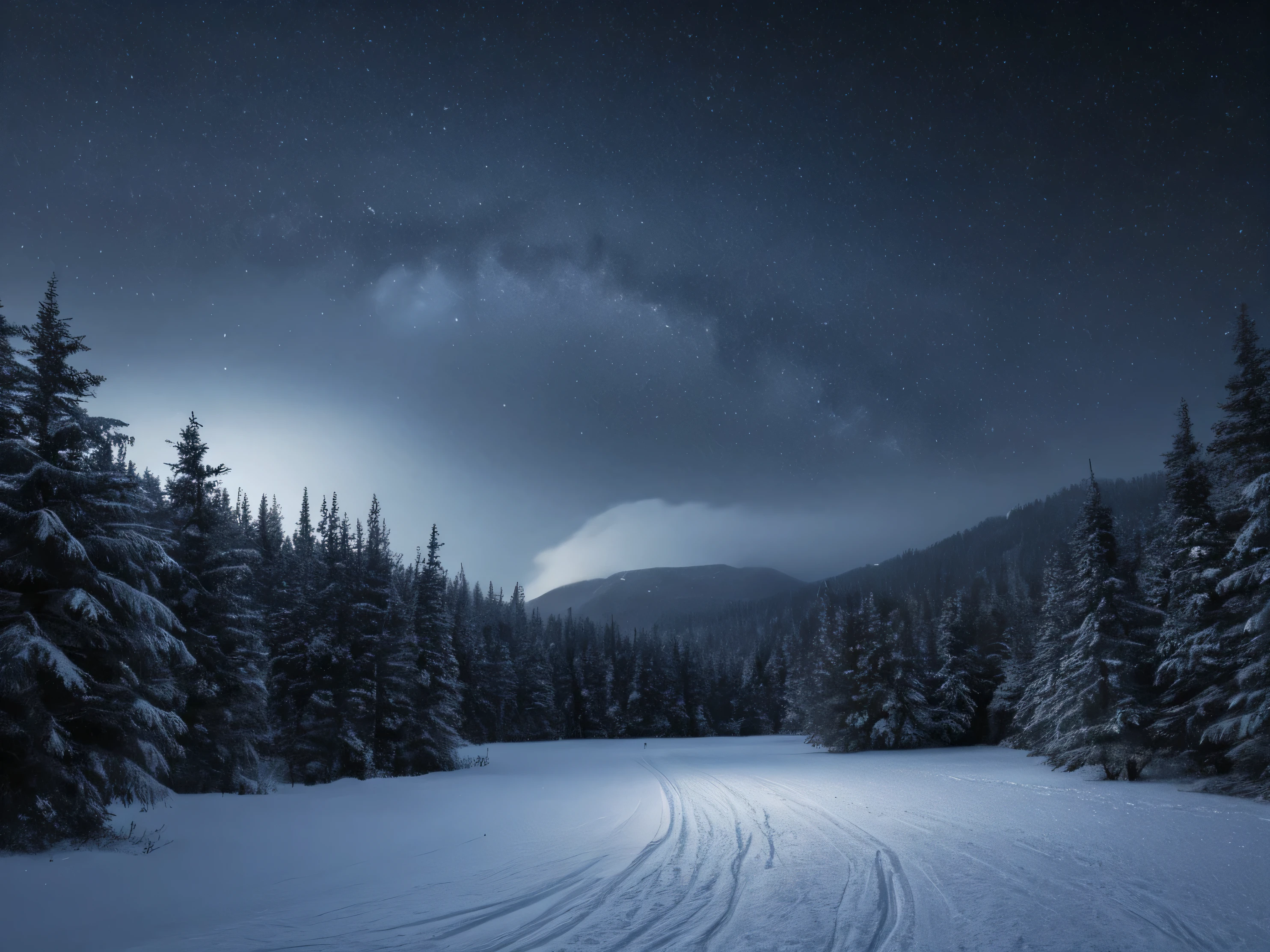 highest quality, ultra-high resolution is shown, detailed, slowly swirling snowflakes, voluminous snow in the air, soft diffuse light, winter's tale, each snowflake is clearly visible, cold shades