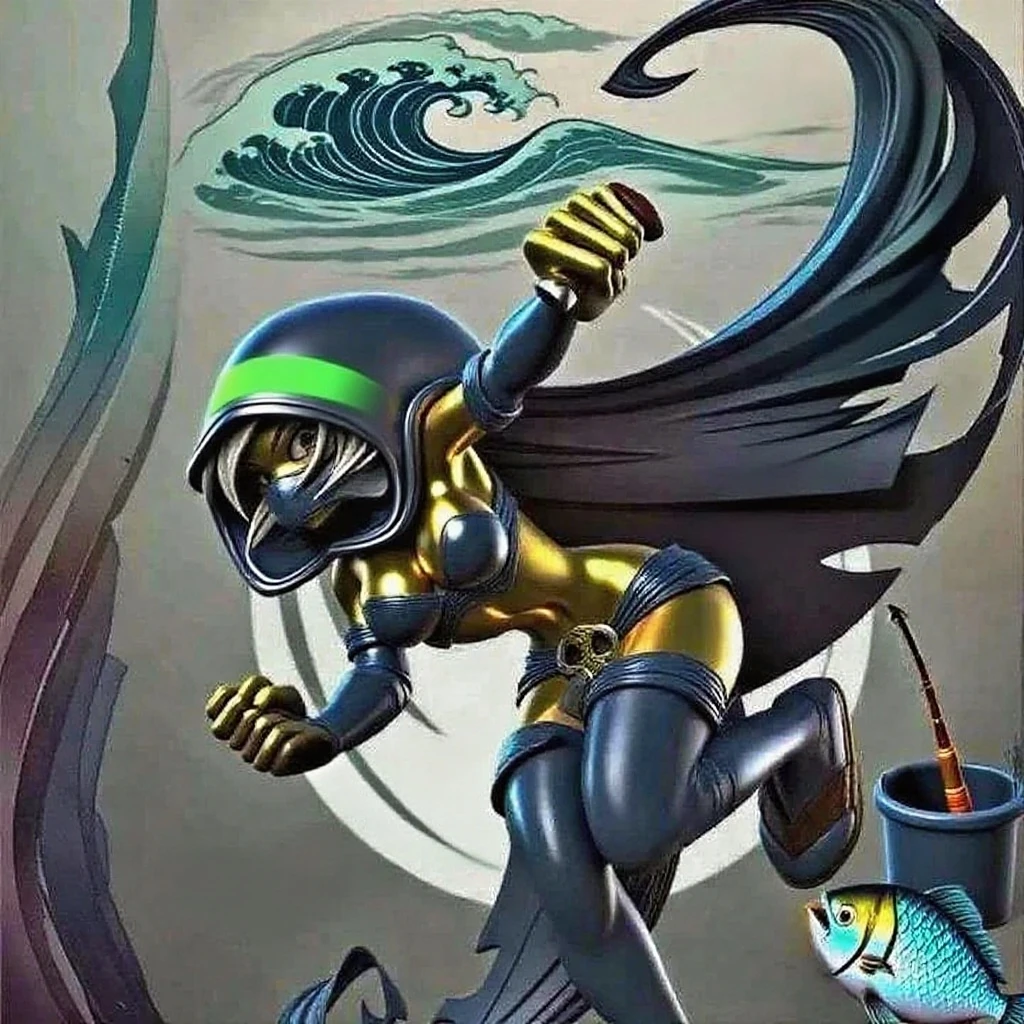 (best quality,highres),robot girl at the beach, large metal hips, wearing a hood with a cape, perched on a rock, near a palm tree, exposed mechanical thighs, butt, cool robotic mask, cyclops, shiny metallic surface, vibrant colors, warm sunlight, sparkling ocean waves, sandy beach, tropical atmosphere, strong and confident pose, futuristic technology, realistic details, intricate designs, beautiful reflection, serene environment