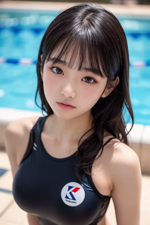 Dreamy atmosphere, High Contrast, Ultra Sharp, Studio shot、Upper body portrait、Angle from below、(Navy School Swimsuit :1.2), (Small breasts), Focus on the chest、Slim Body Enhancement、Realistic、Realistic、Highly detailed cute girl、alone、10 years old、Japanese、Melancholic expression, Brown Hair、Medium long cut hair, Background Pool、Out of focus、Blurry、
