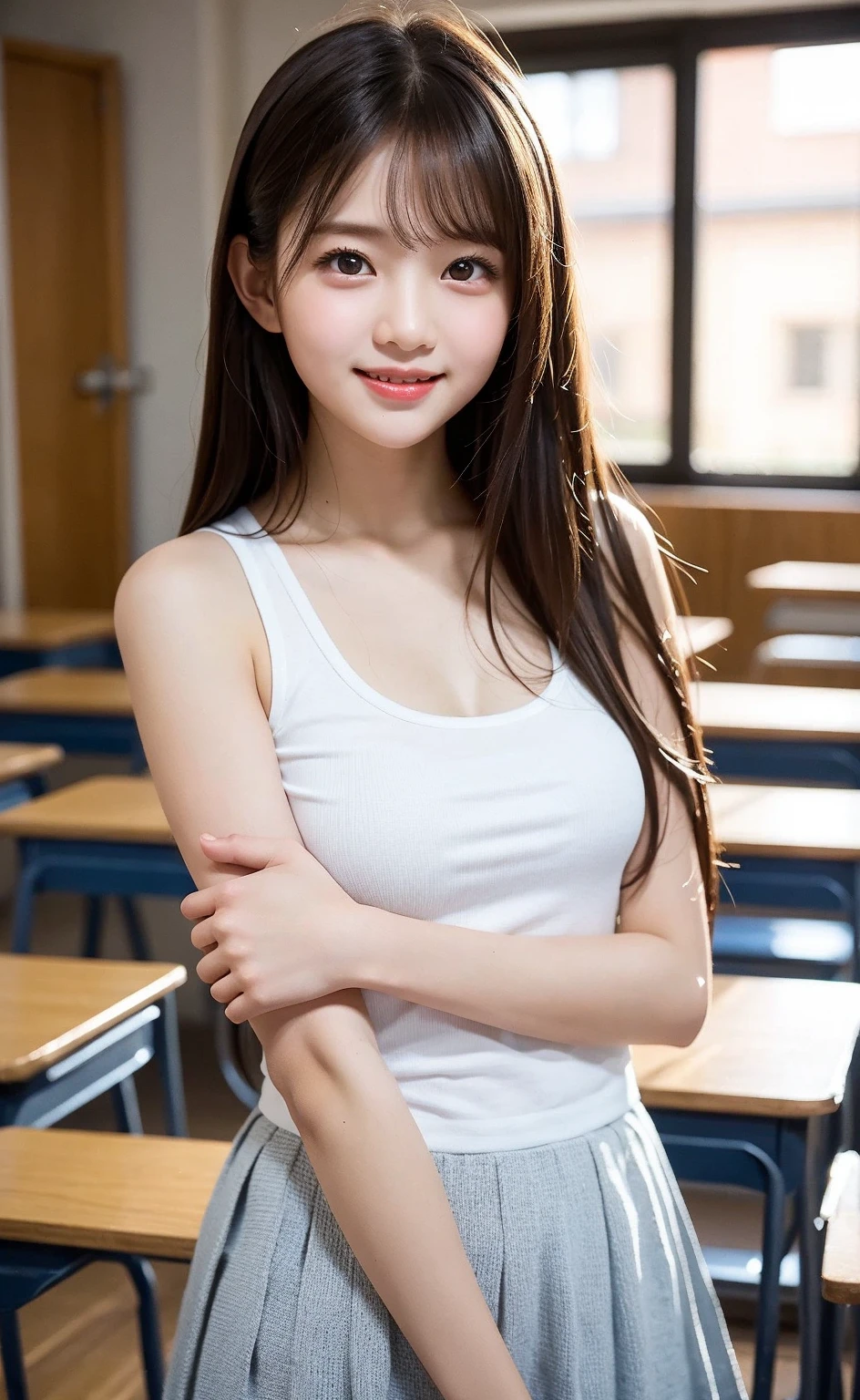 ((8K、Raw photography、top-quality、masterpiece)、high definition RAW color photos professional close-up photos、(realisitic、photorealisim:1.37)、(top-quality)、(Best Shadows)、(The best illustrations)、鎖骨((small tits))、((erotick、A sexy、超A high resolution、High Definition CG Unified 8K Denden Wallpaper、physically-based renderingt、Cinematographic lighting)、(aegyo sal:1)、11years old girl、 (Navy blue、School School Swimwear、sockes、school shoe:1.2)、High School Classroom, beautiful finely detailed eyes, Light on the Face, ((FULL BODYSHOT:1.2)), especially strong light, (Kamimei、Grinning smile:1.2),glowy skin、((A dark-haired、short-cut:1.2))、( thick thight), ulzzang -6500-v1.1:0.2, full of shyness, (The Flash:1.2), NSFW, (Not puffy, ((enchanting posture:1.2, enticing:1.2)), (Idol)、((Sit at a desk in the classroom:1.2)), ((Good anatomy:1.2))、((Bright and refreshing classroom、blur backgroun:1.2))、face perfect、kawaii faces、(high-angle shot:1.2)、Skinny face、slender、{{{{Rasping}}}}、sound、Slouched、View from below、((((agalactia))))、Chest glimpse、sound、Non-SFK,Floating ribs、thin arm、thin neck、thin chest、thin-waist、long legged、Perfect Style、Enough 2 books、