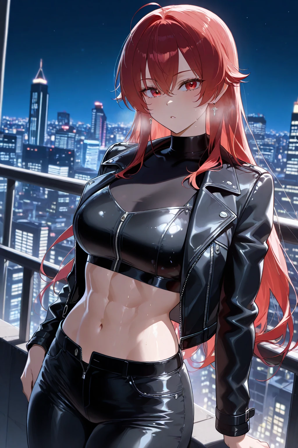 Best quality, une fille, yeux rouge, regard du diable, agressive, Threatening, demon, dent pointue, se retourne vers moi, une tenue moulante, gros seins et grosses fesses, hanche large, dans une ville cyberpunk la nuit