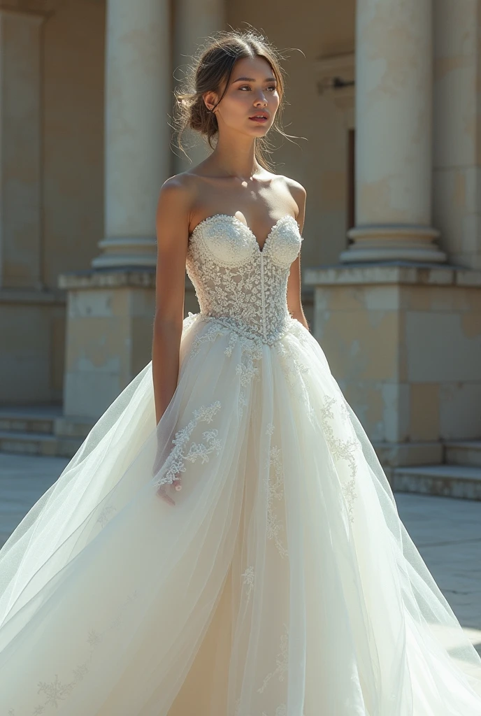 Young, beautiful woman, 22 years old, long black hair and bright blue eyes. She is wearing a princess wedding dress. behind her a luxurious mansion in Italy. The expression on his arrogant face, highlighted by his blue eyes