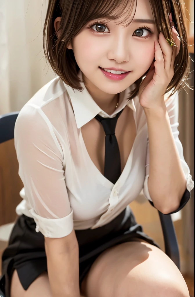 In 8K,Highest quality,The real picture,Intricate details,Ultra-high resolution,Depth Field,Masseter muscle area,Natural soft light,Professional Lighting,One Girl,(cute:1.2),Very beautiful 17 year old girl,Detailed eyes,((Brown eyes)),(Brown Hair),(Short-haired),(Bans),Perfect Skin,Glowing Skin,White skin,Fine skin,Big ample breasts,((Perfect Anatomy,Nice hands,Perfect hands,Five fingers connected to the palm,Accurate needles without discomfort)),Perfect bare legs,Delicate legs,Perfect Proportions,Sexy,I can see your chest,((Japan Uniform)),((Uniform Mini Skirt)),(tie),Black socks、Brown leather shoes,Lurking deep in the city,I can see your crotch,Show me your panties in the street,Both legs are bent,Legs are spread in an M shape,,I can see your pants,Slender thighs when viewed from the front、Squat