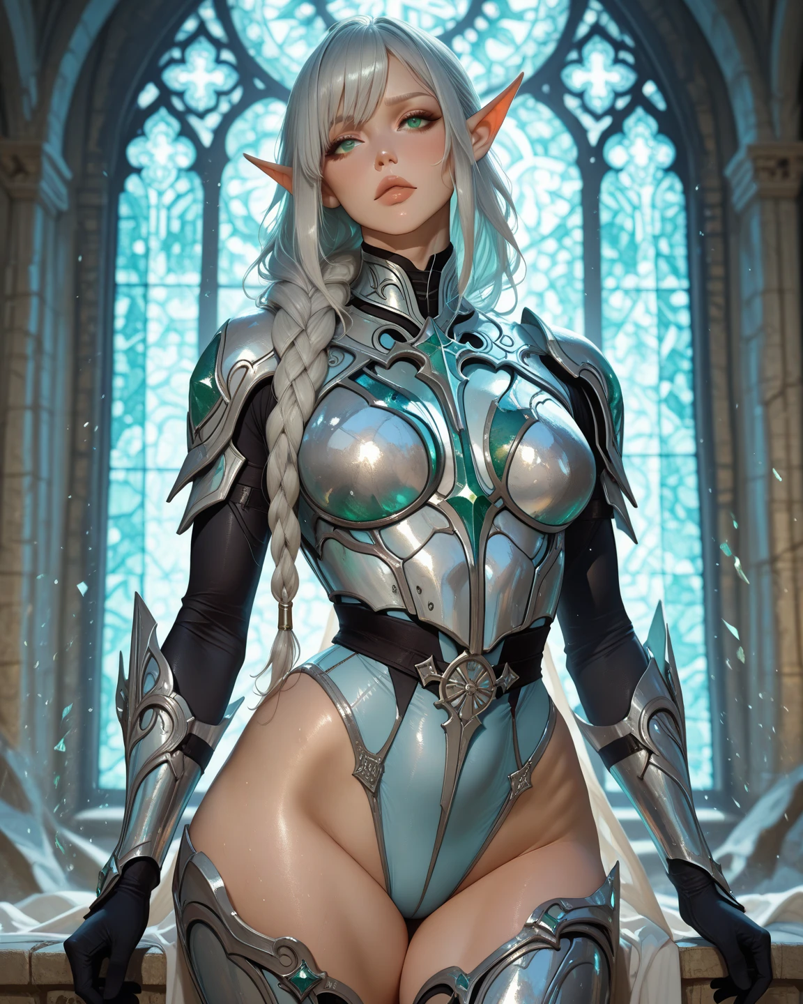 Trading card of Sexy elf queen, perfect boob, wearing are sext silver-white warrior queen bikini, realistic, jewelry, body chains, glowing detailed eyes, smooth skin, cool, edgy, muscular.