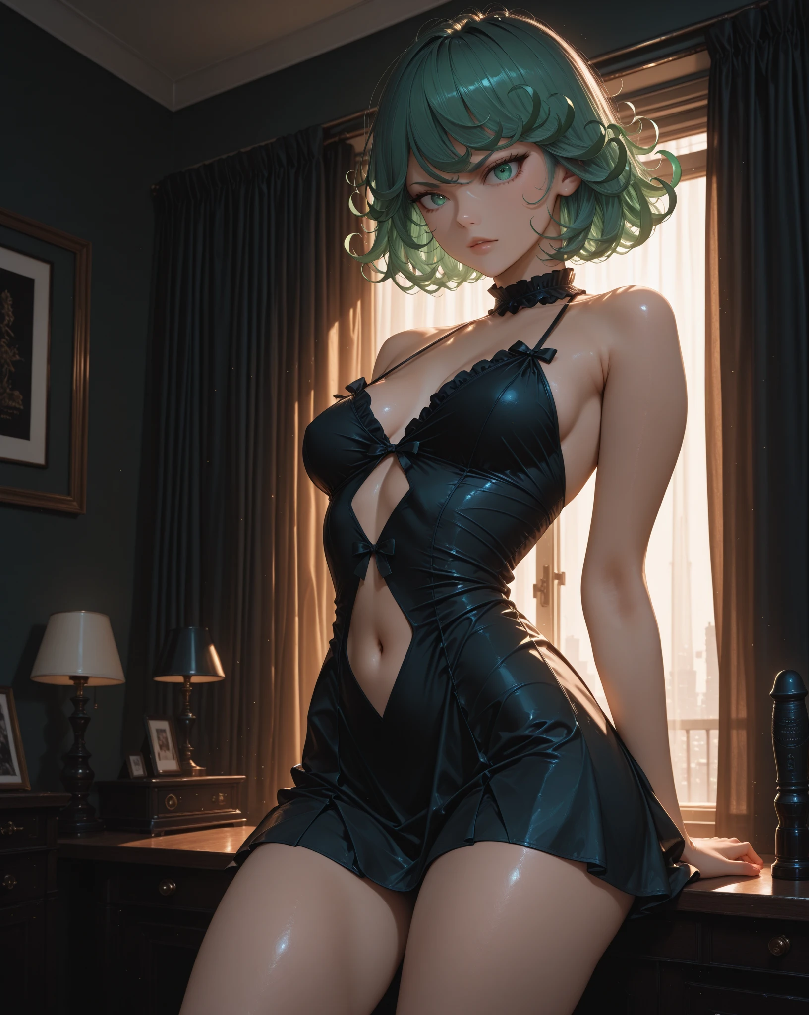 There was one girl with shiny skin in the bedroom， sexyposture，best qualtiy，tmasterpiece，（Photorealsitic：1.4），breast enhancement,reality,offcial art,The 8k quality,Super Detail,Fine detail skin,Movie angle,Cinematic textures,Movie Lighting,masutepiece,The highest image quality,1 girl,Vermilion lips,hair messy,showing panties,pantyshot,Big Mimi，((small breasts))，Underbust,1girll,Naked whole body,Black stockings,Race Stock,garterbelts,short hair,upper limbs,Lace,Girls black stockings, green hair, green eyes, ((confidant)), (((lingerie))), ((standing)), big ass, naked pussy, from behind pose, anal sex, sex, penis, anal penetration