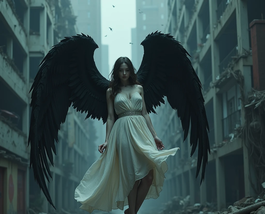 Una mujer con un vestido blanco con alas caminando por una ciudad destruida, super wide angel, Villainess has black angel wings, beautiful cyborg angel girl, Angel with black wings, fallen angel, epic angel wings, wide angel, big angel wings wide open, beautiful female angel, wide angel shot, angel protecting woman, dark angel, angel knight gothic girl, girl with angel wings