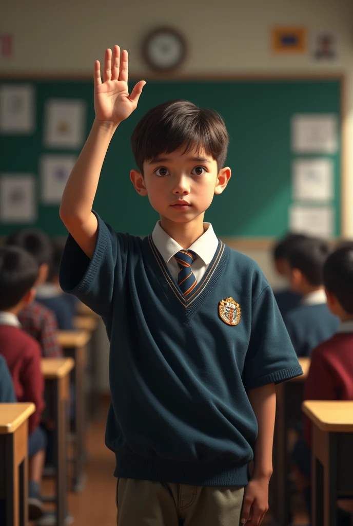 There is a 15-year-old boy standing in the middle of a classroom, has a notebook, and has a school uniform, He's a Mexican boy