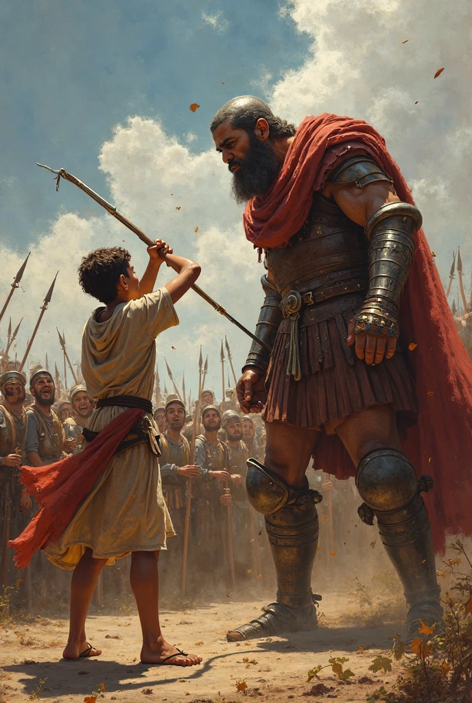 oil painting. David defeating the Giant Goliath. David is throwing the stone with the sling, Goliath is 3 meters tall, receives the stone on the head, He is falling backwards in a faint, He falls while his legs bend. Behind is the Philistine army.
