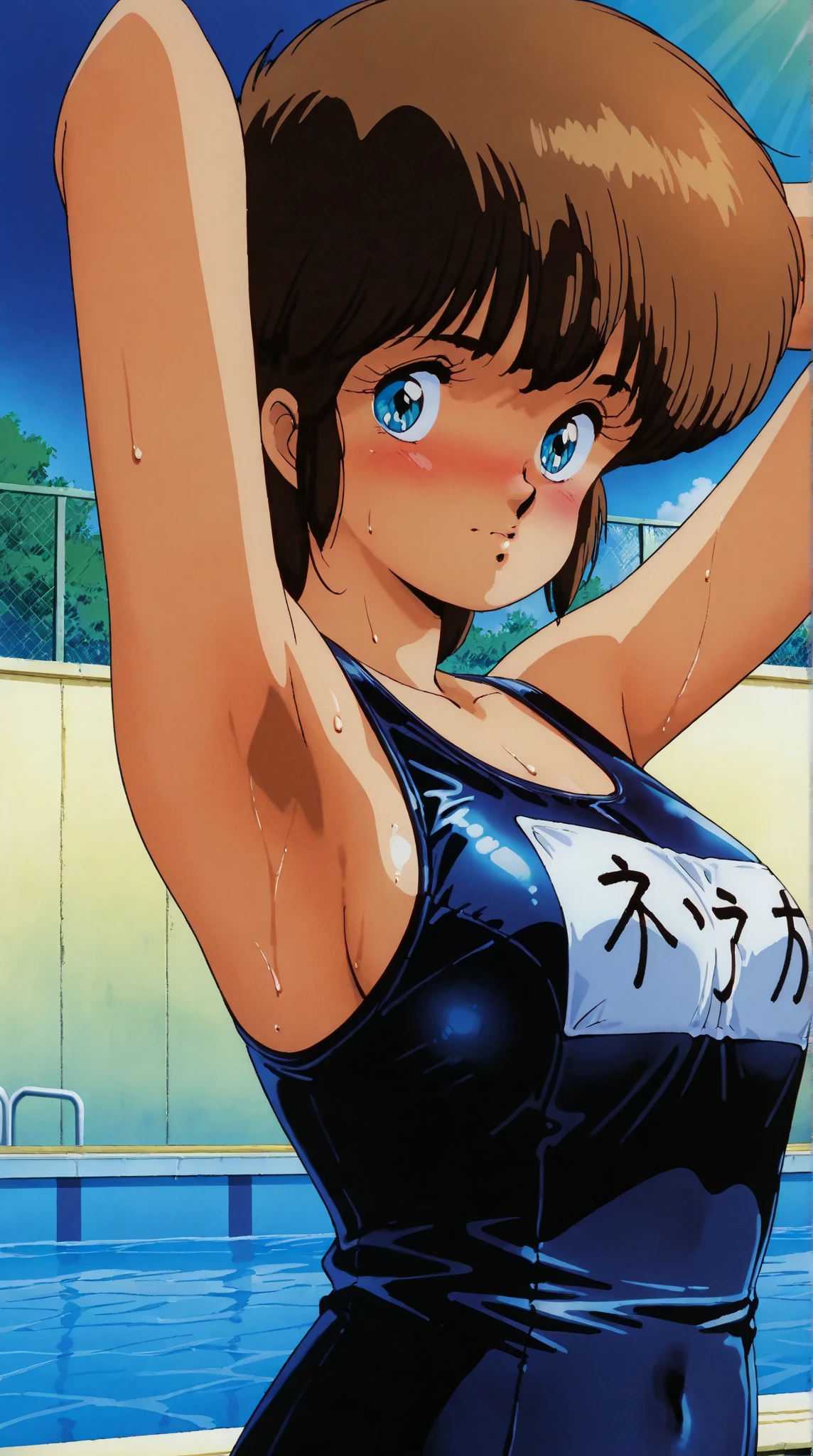A beautiful girl with short hair, boyish features, big breasts and beautiful legs is standing by the pool in a bright pink high-cut competitive swimsuit with the arena logo on it, with her legs spread to the sides, blushing and her mouth open.。Angle from below。