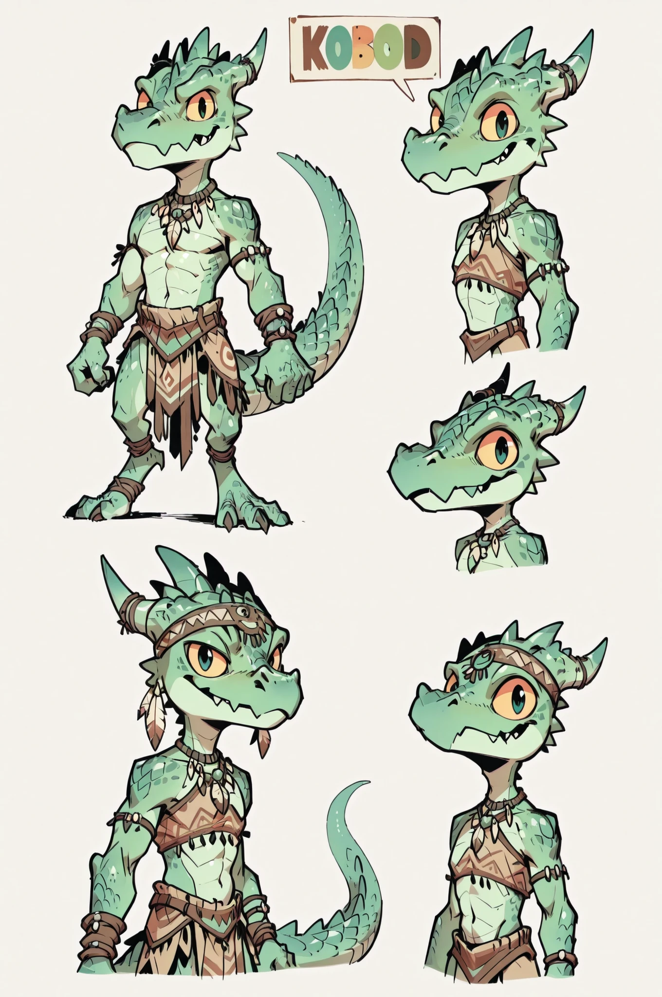 Three( male,green skin, green scales, (((Kobold)), (detailed kobold)) wearing a adventure equipament , a tribal clothes , character design, toon style