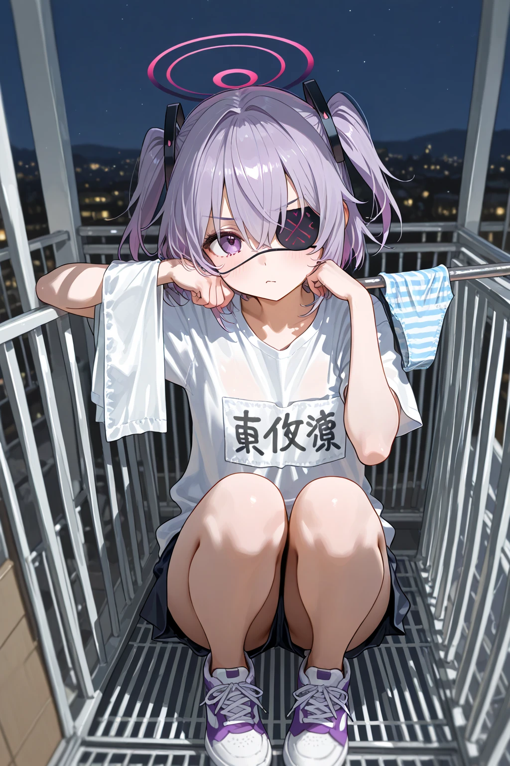 (8K、top-quality、masterpiece:1.2)、(realisitic、ultra-detailliert、超A high resolution,beautifull detailed face,perfect body,perfect lighting,constriction,beautiful detailed skin,skin texture,(1giri,very short hair:1.5,purple hair,red eyes),giving a slight bow,(school uniform,purple bow tie,collared shirt,off shoulder,purple,jacket,partialy unzipped,long sleeves,sleeves past wrists,pleats skirt,black skirt,pantyhose,clothes around weist,black loafers),lying in waterl:1.5,swimming pool,see through:1.0,wet hair:1.0,wet body:1.0,covering chest with hangs,spread legs,selfie