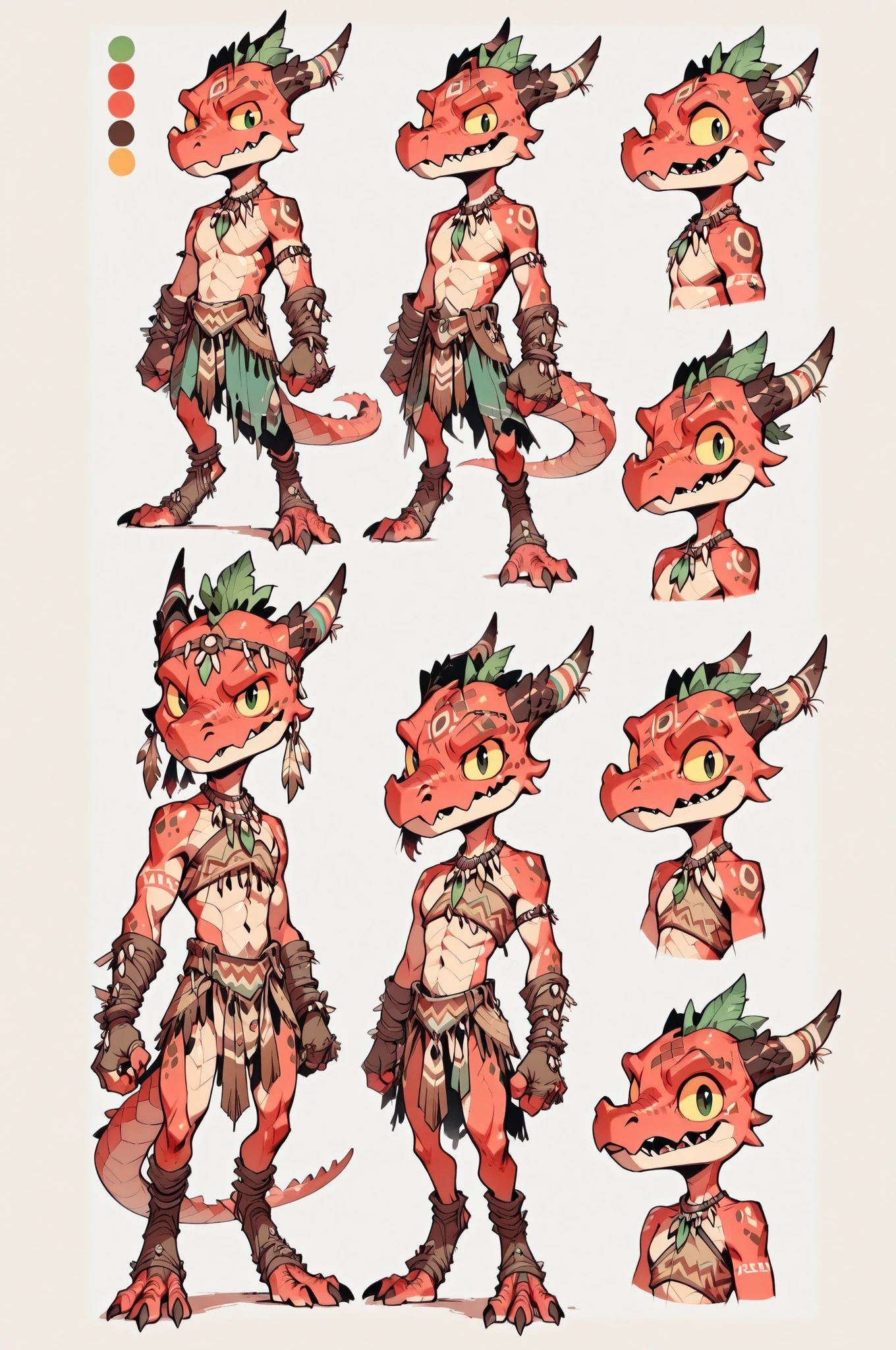 Three( male, red skin, red scales, (((Kobold)), (detailed kobold)) wearing a adventure equipament , a tribal clothes , character design, toon style