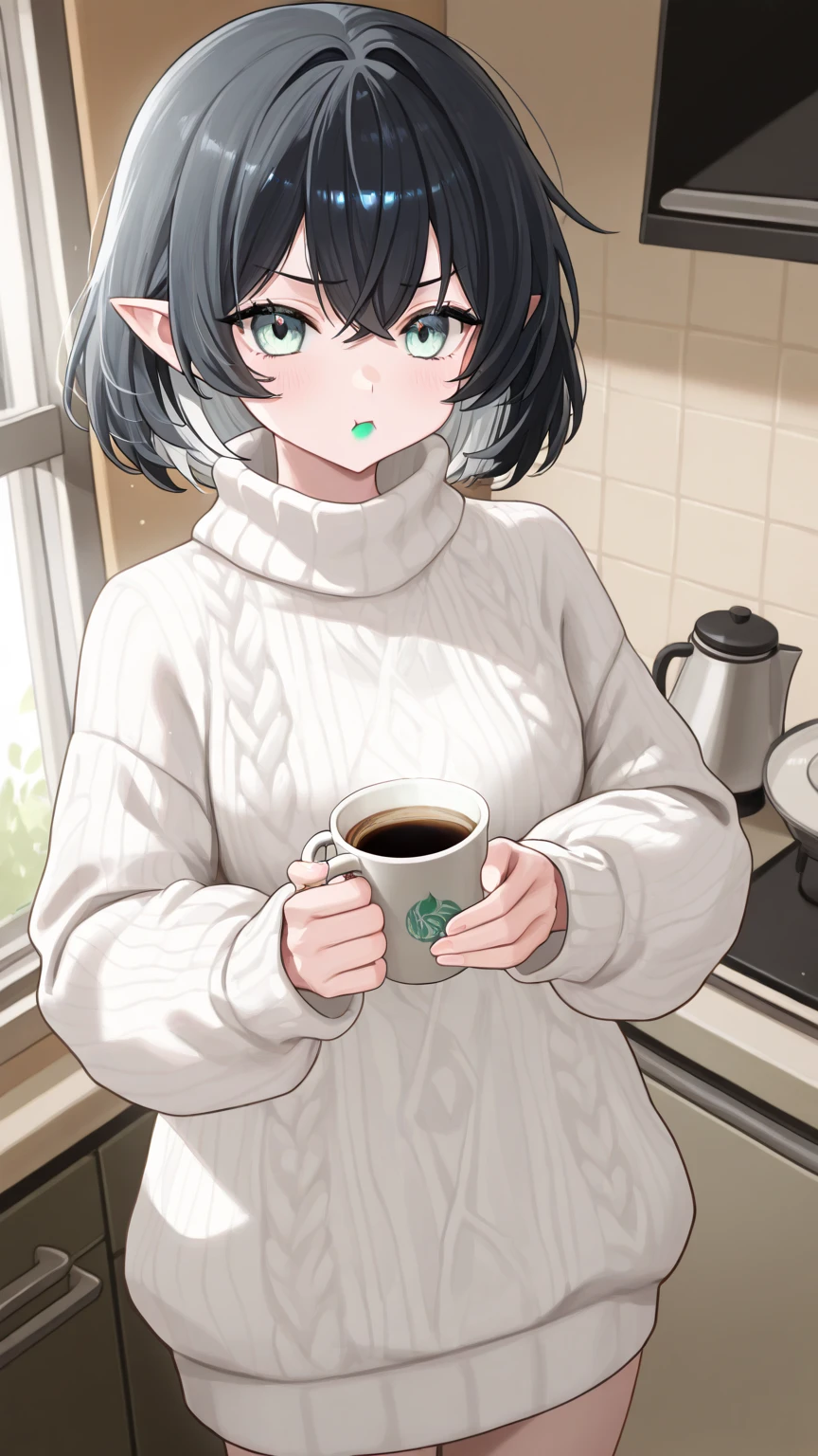 girl muscular girl breasts breasts breasts pale skin black hair yellow eyes thick baggy sweater mug of hot cocoa cozy at home