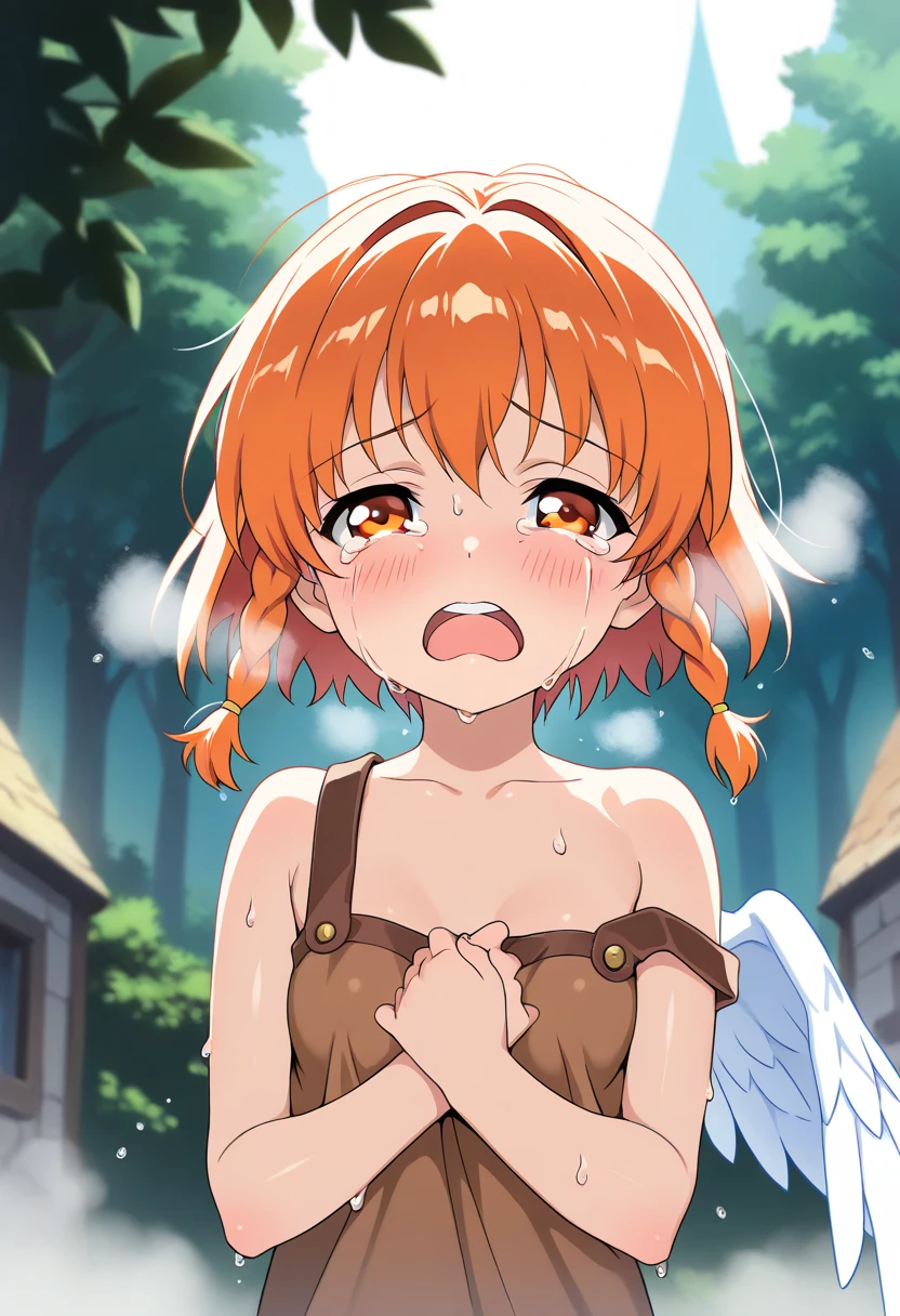akari feature,((masterpiece)),(((highest quality))),((Super detailed)),((figure)), ((messy hair)), {very detailed}, (Light function), outdoor, blue sky, detailed background, cloud, smile, flow,topless,flat chest,orgasm,bed