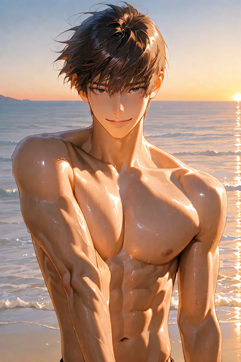 high quality, flexing, (dark skin japanese teen boy), (detailed black eyes), (black short hair), (muscle), (naked), (dark shiny skin), (detailed puffy nipples), looking at viewer, beach, (bulge, erected hard penis in navy blue thong), (smirk:0.9)