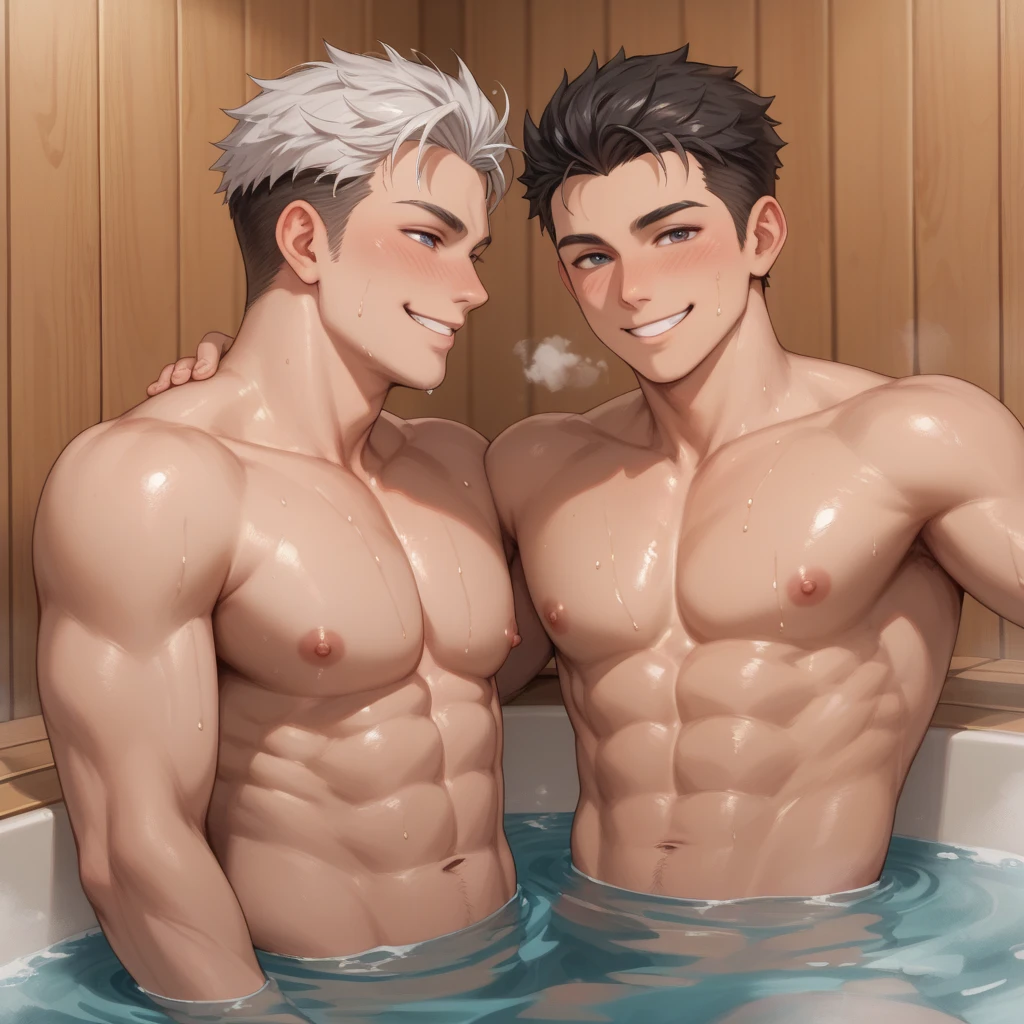 Two young boys,A white hair,Developed chest muscles,Obvious abdominal muscles,a black-haired,wearing swimming trunks,Black hair plays with white hair&#39;s chest muscles,White hair shy,Brunette teasingly smiling,at the swimming pool