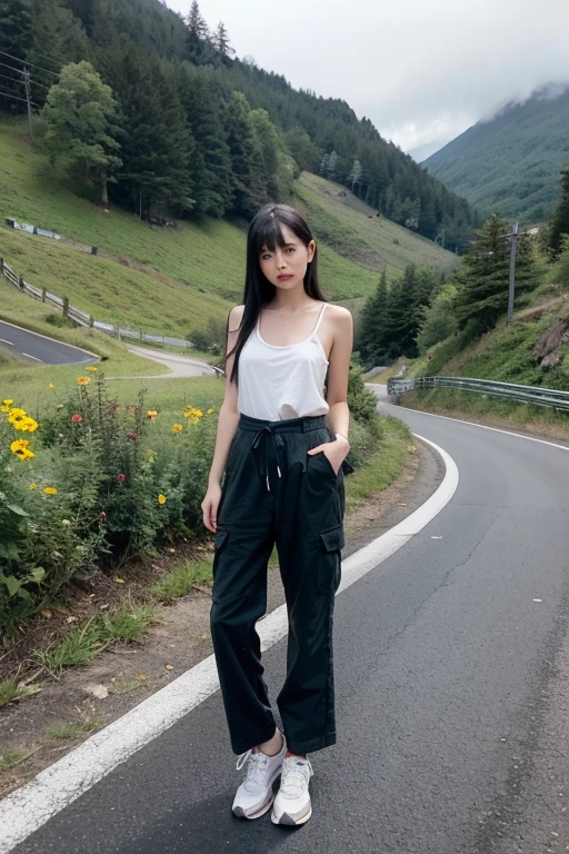 One girl、black hair、ponytail(High position)、Black headphones、Camouflage、belt(black)、Hold the rifle、Shorts(gray)、Laced boots(gray)、Mountains in the background々、Country Road、Get down on one knee on the ground、Composition from below、I can see the sky