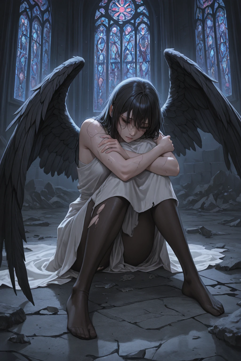A full-body portrait of a girl wearing a white cloak, surrounded by an atmosphere of solitude, darkness, and oppression. The girl's expression is somber as she stands amidst the gloom, her face partially obscured in shadow. Her white cloak is stained with blood and dirt, reflecting the struggles she has faced. Her hair is disheveled and messy, adding to the overall disarray and turmoil. The composition showcases her profile, revealing a glimpse of her determination and resilience. Behind her, a pair of tattered wings symbolize her desire to break free from her constraints, despite the broken sword she holds, a testament to past battles fought. The overall scene captures a sense of melancholy, depicting the girl's internal struggles and the weight she carries. Executed in a bold and expressive style, with dynamic brushstrokes and a subdued color palette that emphasizes the darkness and heaviness of the atmosphere.