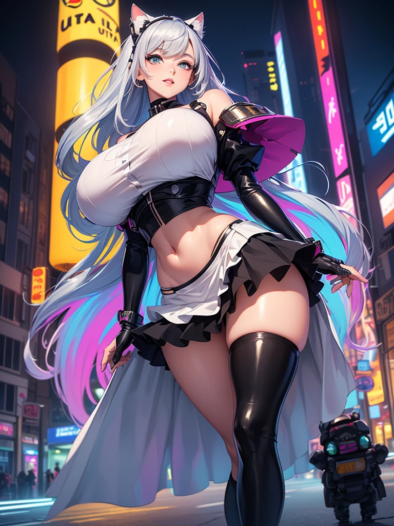 Create a side view, full-body illustration of a seductive blonde anime girl leaning against a wall with her back straight in a provocative pose. She should be wearing tight, futuristic clothes that emphasize her curves, with high-tech fabrics and accessories. Use vibrant neon colors for her outfit and the background to create a lively and energetic atmosphere. The background should feature a cyberpunk cityscape with neon lights. Ensure the image is in a resolution suitable for an iPhone 11 wallpaper capturing the futuristic and seductive theme effectively