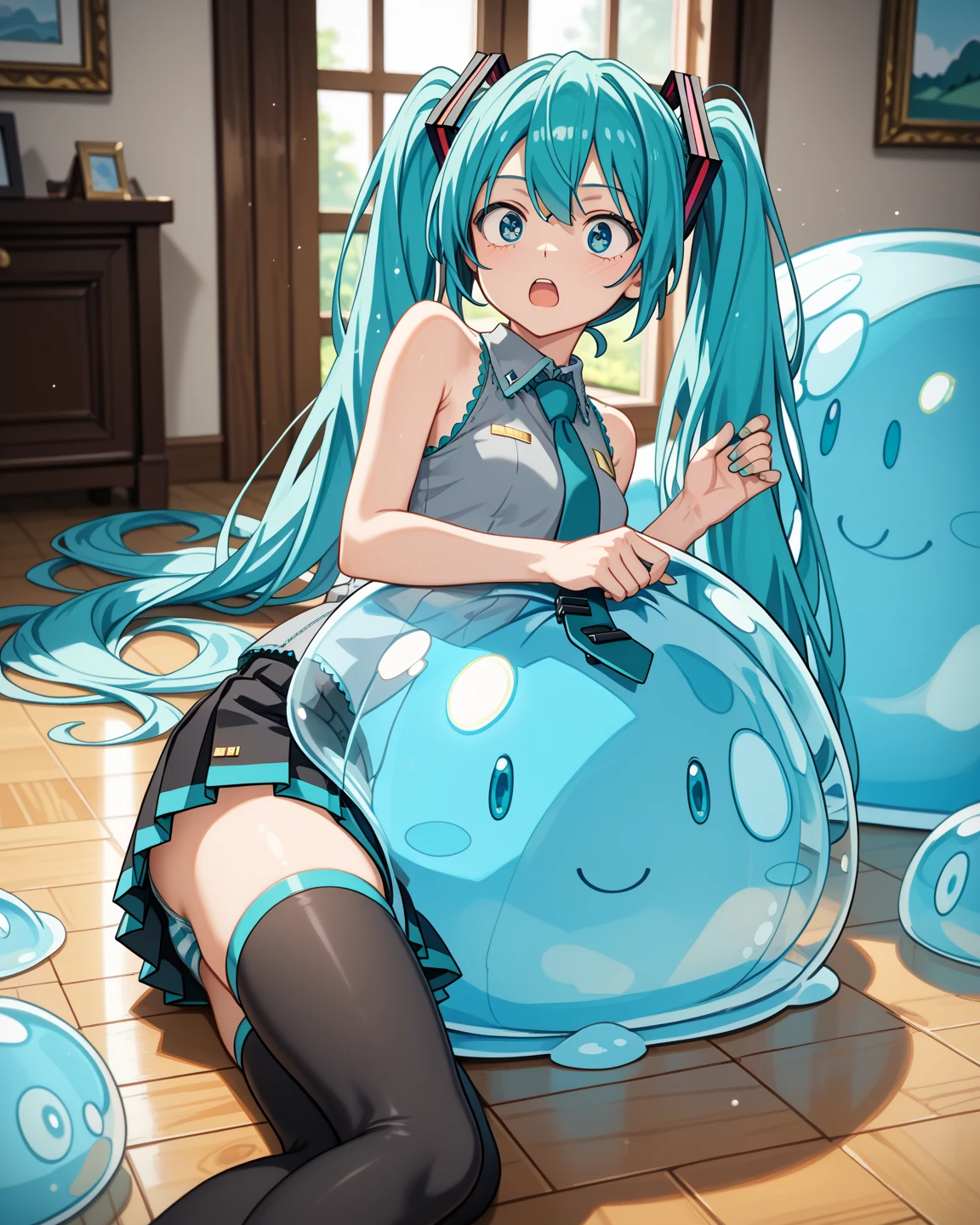 1girl, made of slime, turquoise smile, curvy body, thick body, blushing, shy yet happy, turquoise eyes, anime, turquoise skin, wet body, hair in loose bun, turquoise hair, accentuated curvy body, revealing curvy body, bending over