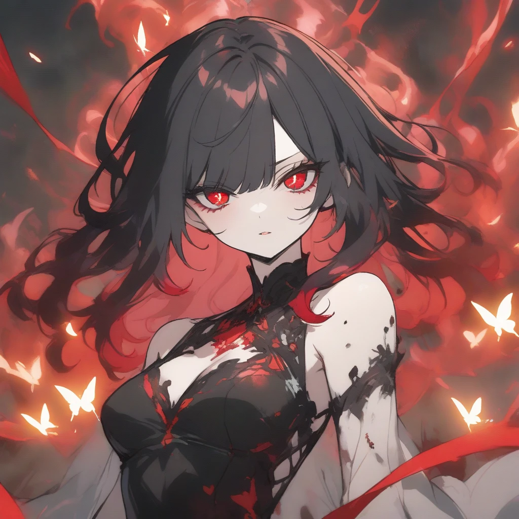A human devil，woman，black丸子头，Red clothes，Exposure，Big breasts，black，((Pure red background))