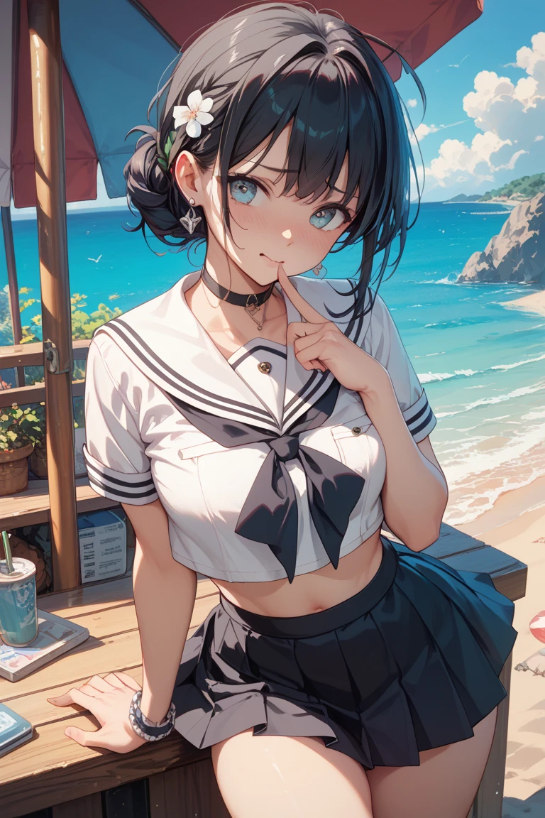 (((toppless))), (((sheer sailor  shirt , Sleeveless ))), (((Show off  cleavage))), (((Large breasts))), (((Open front))), (((Sheer Micro Mini Skirt))), Detailed beautiful eyes, (((Sunny))), extremely detailed CG unified 8k wallpaper, very fine 8KCG wallpaper, (​masterpiece, Best Quality), High resolution, Ultra-detailed, ultra-sharp, 1 girl, Naked, (((Sheer Micro Mini Skirt))), perfecteyes eyes