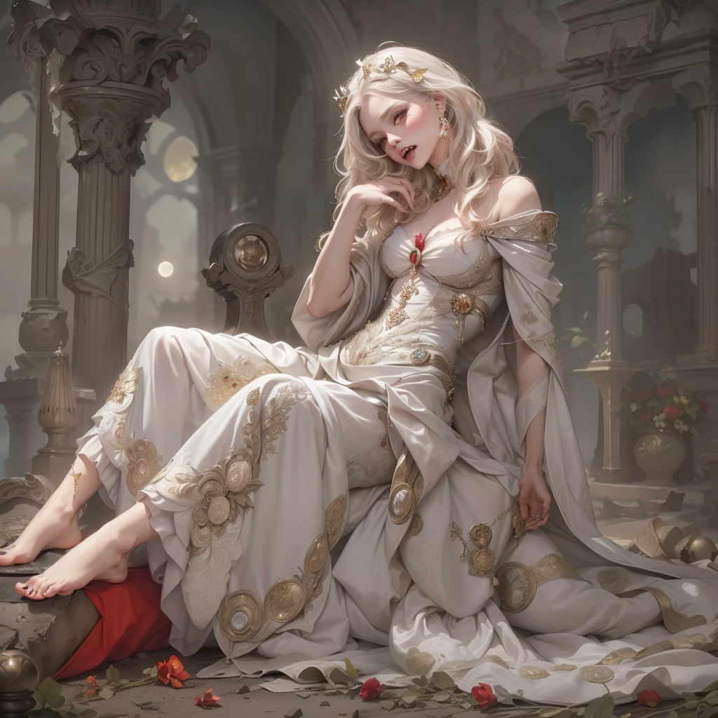 fullbody painting,detailed full body portrait,(The girl looks up at the stars), masterpiece, best quality, realistic illustration, regal elegant drow elf witch looking over porcelain balcony, arm support, (piercing red eyes), portrait, close-up, depth of field, (light particles:1.1), bloom, HDR, night sky, Mandy Jürgens (Mandy Jurgens) Realistic paintings created, arte figurativa, Detailed depiction of the, realistically, An artwork of, contours, seen from the side, simple backgound, fantasy, princess Targaryen, full-length, garden, white hair, in a red and black dress embroidered with gold threads of rubies and diamonds, ((top-quality、masterpiece、photographrealistic:1.4、in 8K))、delicate and beautiful face、(Luxury red dress in medieval European style、Princess)、Luxury accessories、European-style castle、Cinematic lighting、Textured skin、Super Detail、high detailing、High quality、hight resolution,
White skin, (Fox ears), looking at viewer, doe eyes, Exquisite eyes,Red Eyeshadow, Red lips, Ukiyo-e, masterpiece, high quality, at the lowest limit, Tiny,White boots,Huge breasts,Bare shoulders,,Lace,Lace stockings,Lace skirt