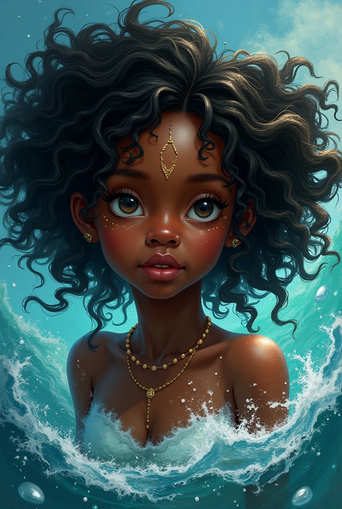 Afro-textured hair, sparkling eyes, dark skin, extreme long curly messed hair, cute jiggly fat round belly voluptuous body, heterochromia eyes, really curly hair, dark skin, round belly voluptuous body, (dan mumford:1.3) cinematic style, girl eating ice cream, soap bubbles flying all around her, (correct anatomy:1.2), (nsfw:0.9), gradient lovecraft colors.