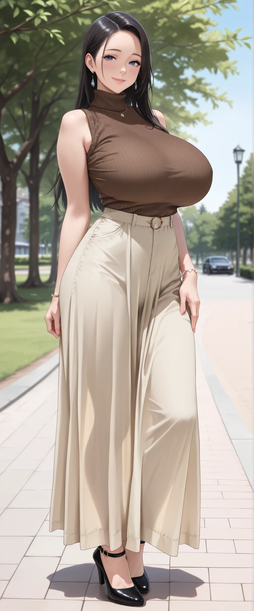 (masterpiece, details, top quality, 8K, [realistic], absurd:1.2), 1 Japanese and half Russian woman, beautiful character designs, black hair, straight hair, forehead, Translucent white skin, young face, 美しくdetailsな目の描写, expressive eyes, blue eyes, Japanese woman who likes to be lewd, Smile, (Dark Brown Sleeveless High Neck Knitwear, Light Green Long Skirt), (huge breasts:1.0, saggy huge breasts:1.2), standing, cowboy shot with white thong, at the park, (full body:1.2)