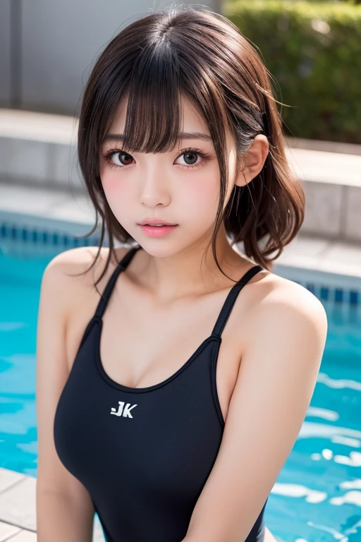 (masterpiece, Highest quality:1.2), alone, One girl, Kobayakawa rinko, 15 years old, Juru, tsurime, (Open forehead:1.2), Dark blue hair, ((Asymmetrical hair)), Shy, Medium chest, View your viewers, (Apply blush all over the face), Embarrassing, break, Highest quality、Complete limbs、Full Finger、Slender beauty、White Knee High、White school swimsuit、Expressions of distress、Painful face、Lean back、Wriggle your body, Wet texture