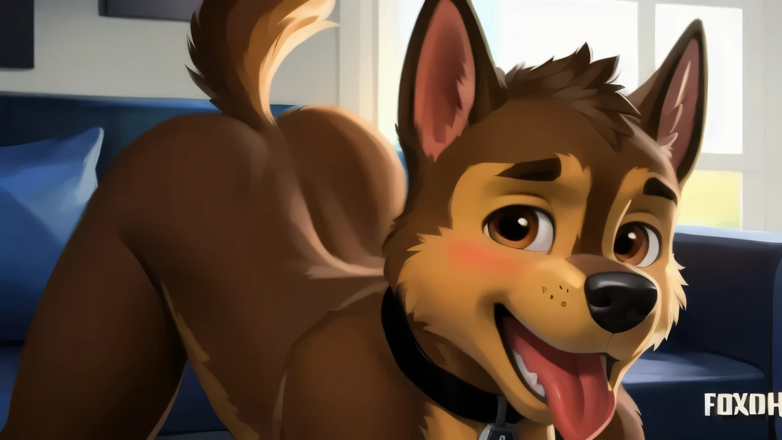 Chase smirks., showing your body to the viewer from the viewer's point of view, detailed fluffy fur texture, impasto impressionism , (by foxovh, Ross Tran, Mikhail Garmash , Pino Daeni, A SPARK), detailed eyes , highly detailed pupils , One, fluffy, antro, chase-pp, domestic dog, male, brown eye , brown wool , light brown body, fur body, detailed fluffy fur texture, curved, 1 boy , muscular, detailed muscles, large and large pectoral muscles ,putting a vibrator in the anus,moaning, blushing,sticking out his tongue, panting