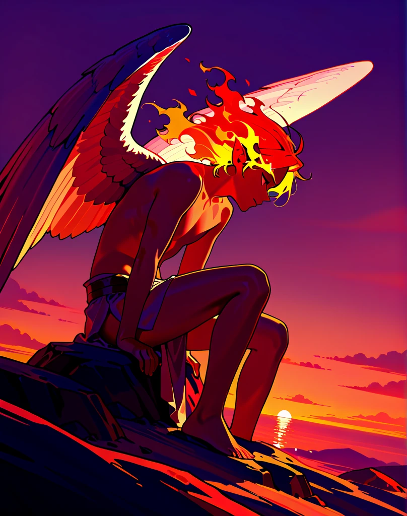 (NSFW) An angelic being without human affection, depicted as the Creator of the Universe in a myth, stands atop a Heavenly Mountain Scenario bathed in the warm hue of Orange Clouds. The style of the image is cartoon-like, with powerful and impressive strokes, as mythical and angelic elements blend into the character's appearance.