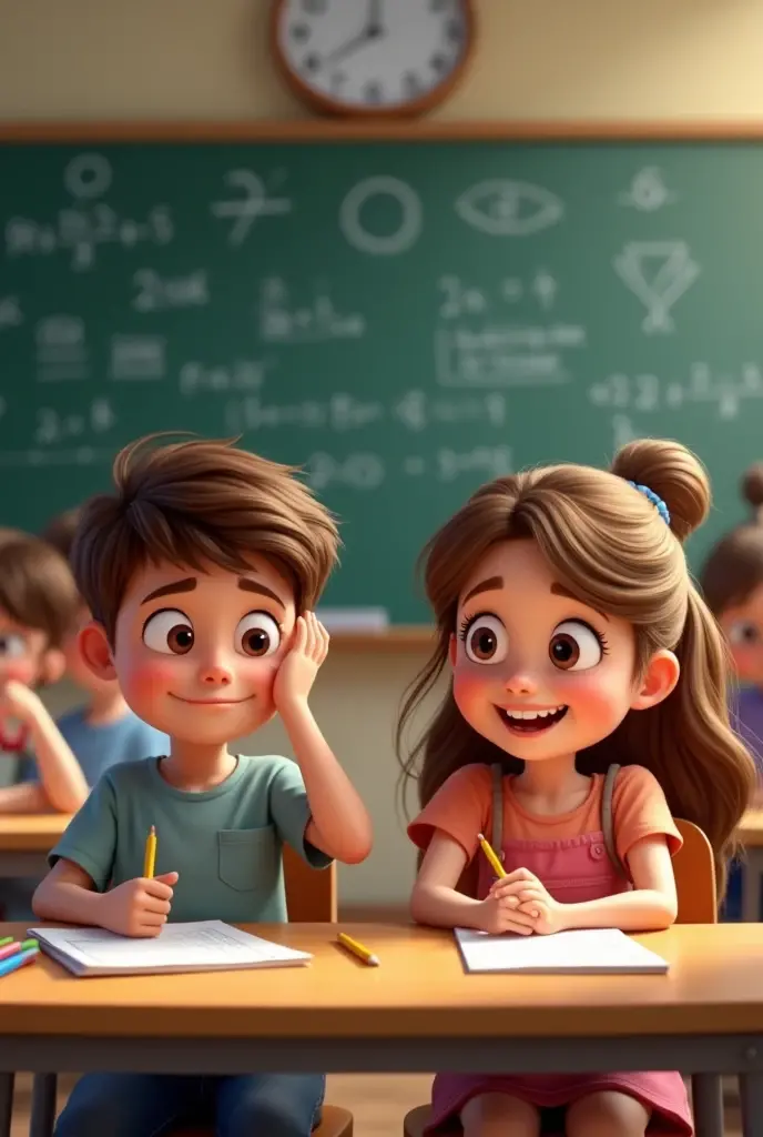 A math lesson, A happy girl taking notes，A boy scratching his head confused