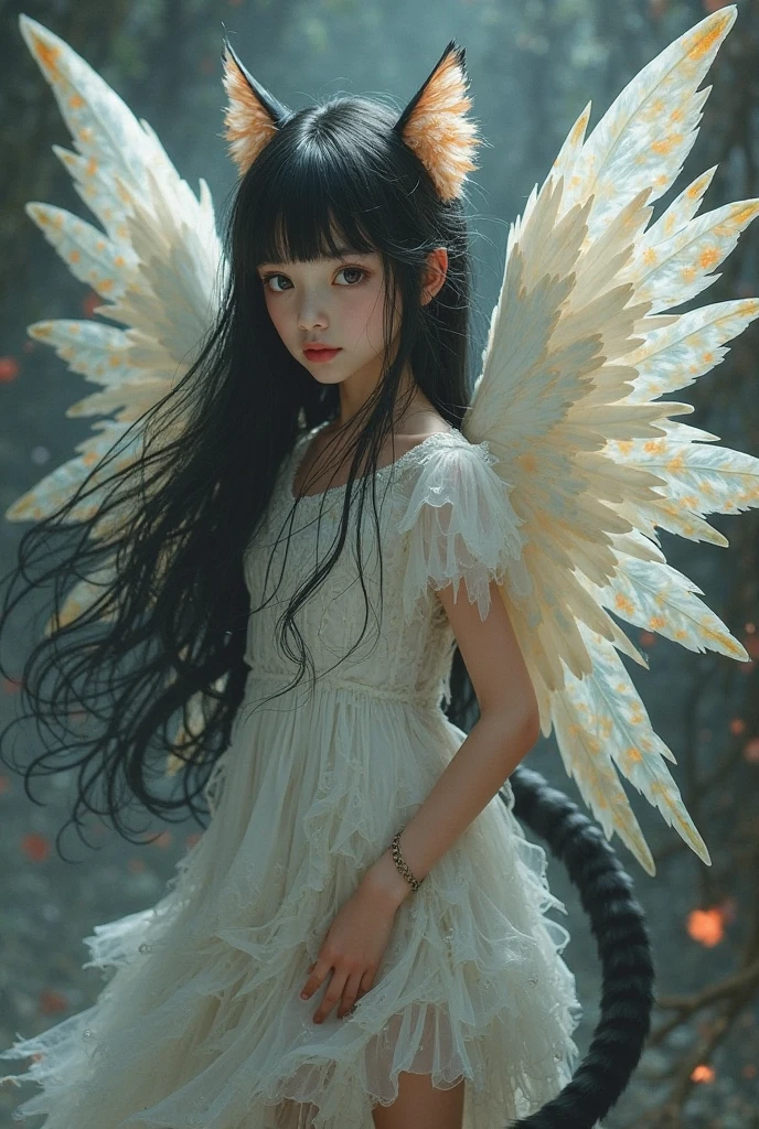 (white color concept:1.0),a girl like doll with angel wings, 12yo, (((twins))),archdevil, nearly naked, thin body, skinny, small breasts, flat chest, (dynamic pose:1.2), thin body, tiny , (((sitting))), devil crown, dragon horn, looking down at camera(Highest quality authentic textured skin),(Fine, Round, Symmetrical eyes),Delicate facial features,(Burning bright and cold eyes), very slim and thin body, naked, nude, (She has a mischievous sadness on her face),metal earrings on the ears,A messy painting，(Hair flows in air:1.5),,(Surrounded by black feathers),Epic realism,Cinematic feeling,(high-density imaging review:1.5),Ultra detailed,Dramaticlight,(intricately details:1.1), complex background, fractal background,(fangs:1.2),smile