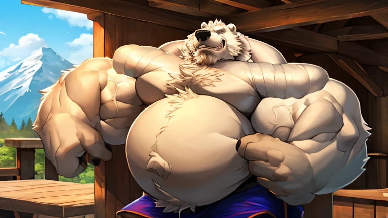 lindong, lucusold, a man with a huge muscular and fat (white bear, polar bear 🐻❄️) sitting in gaming chair, streamer, pc and monitor, ((muscular, musclegut, big belly)), thicc, giant and muscular, danbooru and artstation, heavy detailed, insanely inflated hips, proportionally arms, commission for high res, detailed but rough, semirealistic:1.3