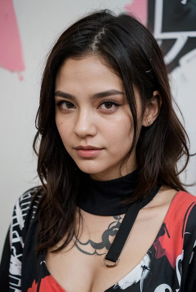 Perempuan cantik dengan rambut hitam panjang, bulu mata letik, bibir berwarna ombre, memakai dress berwarna biru muda dengan corak corak ombak, lalu tangan nya memegang pedang dan sepatu heels merah